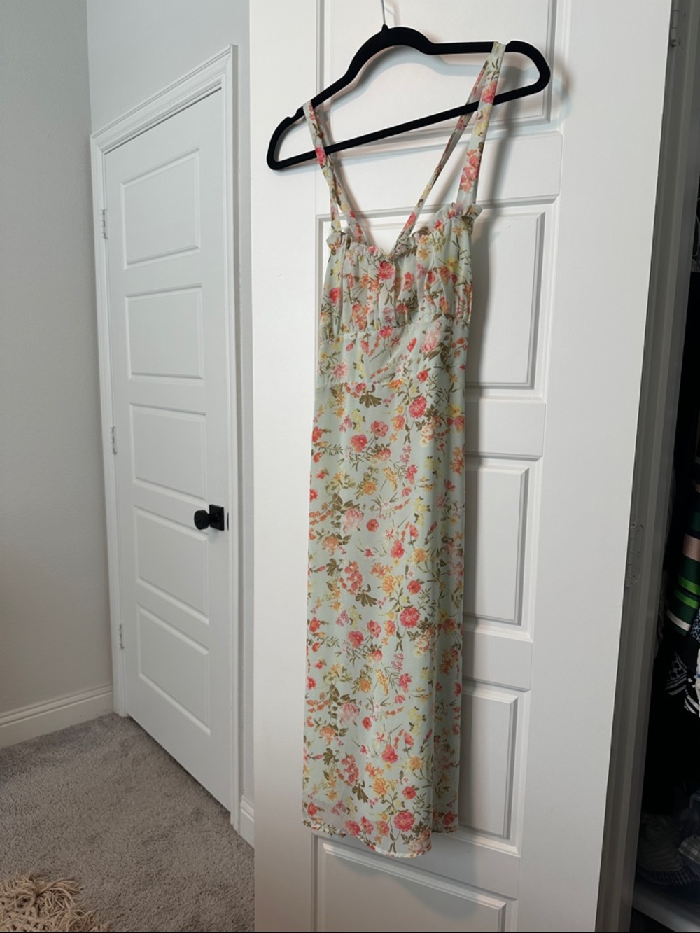Floral Mint Slip Midi Dress with Pink Bouquet Print - Picture 2 of 6